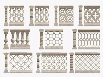 Balustrades stone wall with decorative carvings 3D model