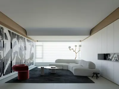 Modern Italian Minimalist Living and Dining Room Interior Scene 3D model