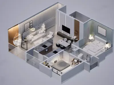 Furnished 2BHK Sample Flat Interior  Isometric 3D Model Low-poly 3D model