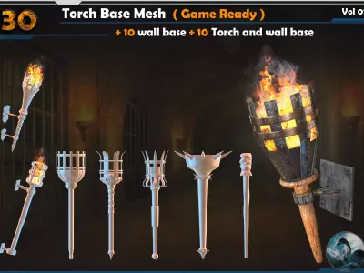 30 Torch Base Mesh Game Ready 10 wall base Low-poly 3D model