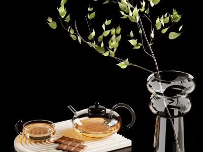 Decorative set 1 tea with vase and leaves on tray 3D model