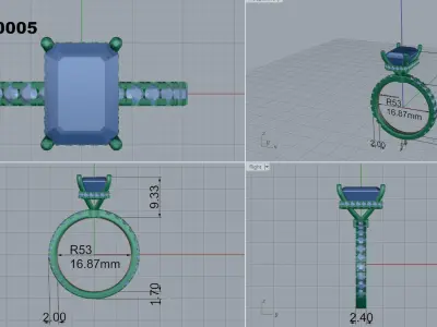 Emereald cut Engagement Ring 3D print model