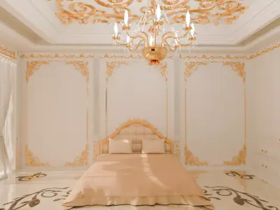 Elegant Royal Bedroom with Golden Ornaments 3D model