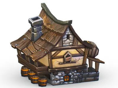 Cartoon Old Bandit Hotel Tovern House Building Low-poly 3D model