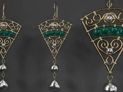 earrings with emeralds and pearls 3D model