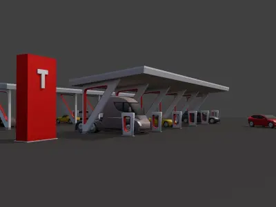 Cartoon Low Poly Tesla Electric Charger Station Cars Pack Low-poly 3D model