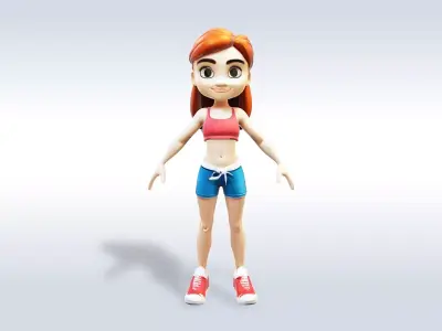 3D Cartoon character t pose muscle sport girl gym Low-poly 3D model