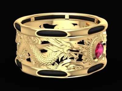 Luxury Dragon Phoenix Gemstone Ring for Men 1977 3D print model