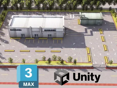 Logistics Warehouse Storage Building Units and Car Park  Low-poly 3D model