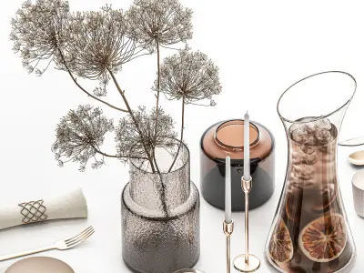 Table Setting With Bouquet And Carafe Of Iced Tea 3D model