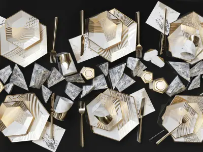 Modern kitchen service with gold 3D model