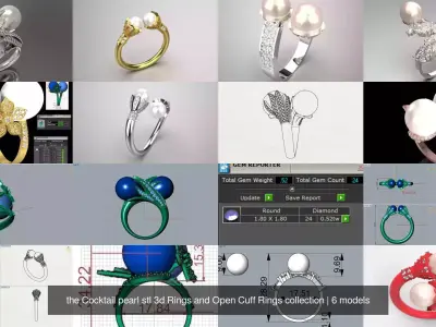 the Cocktail pearl stl 3d Rings and Open Cuff Rings collection 3D Model Pack