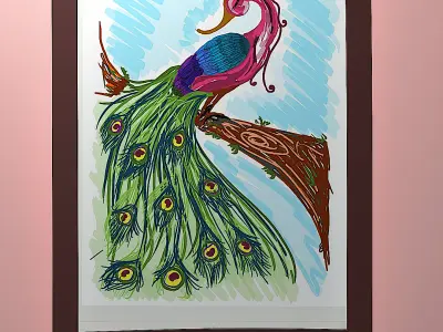 Colorful Stylized Peacock in Frame 3D Wall Art Model Low-poly 3D model