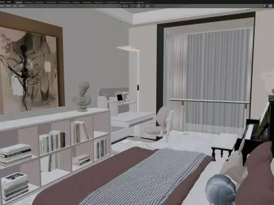 Warm Modern Bedroom with Study Desk and Piano 3D model
