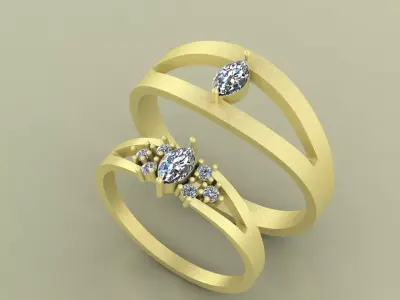 Marquise Couple Ring Set Matching Engagement and Promise Bands 3D print model