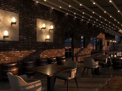 Restaurant with tables and chairs at dusk 3D model