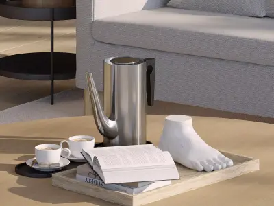 Coffee set 11 - tray pot cup books figurine 3D model