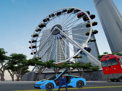 Ferris Wheel with sports cars cart  Low-poly 3D model