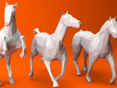 6 Lowpoly Horses group of running Low-poly 3D model