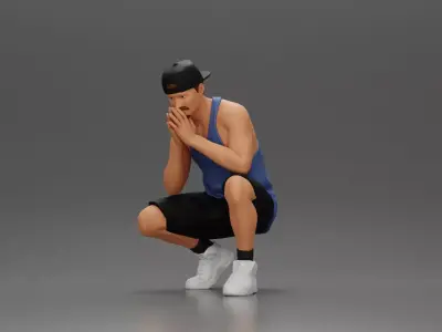 gangster man in shorts and a cap sitting and thinking 3D print model