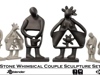 Stone Whimsical Couple Sculpture Set 3D model