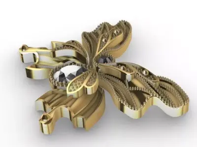 3D Butterfly Brooch  Pendant  Jewelry Design Gold and Gemstones 3D model