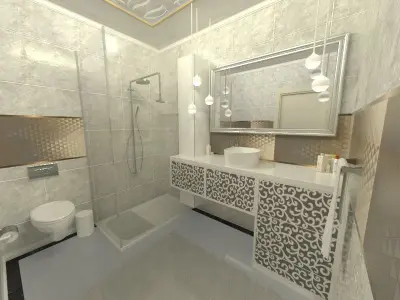 Bathroom with marble and gold decor Low-poly 3D model