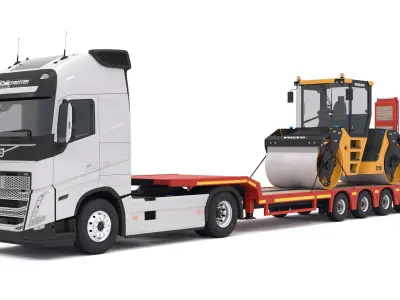 Volvo fh16 and Lowboy Trailer with DD105 Road Roller Compactor 3D model