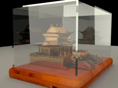 Chinese golden house in glass display box stand   3D model