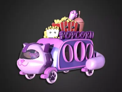 Asset - Cartoons - Food Car - Popcorn Cat Cart 3D model