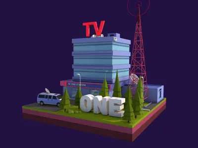 Cartoon Low Poly TV Building Low-poly 3D model