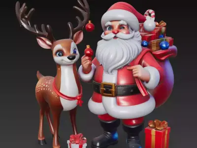 Santa and Reindeer - Joyful Christmas Sculpture Collection