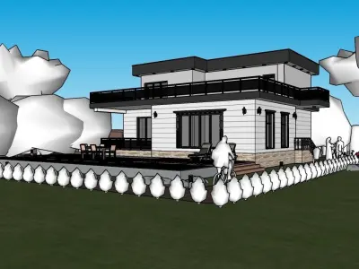 villa modern house with car on lawn Low-poly 3D model