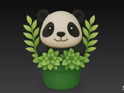 Panda in Flower Pot Low-poly 3D model