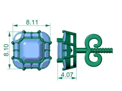 Asscher-Cut Diamond Halo Stud Earrings in Yellow Gold 3D print model