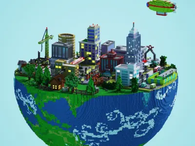 Earth with city and village landscape voxel 3D model