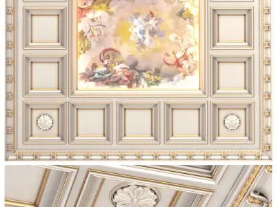 Classical Coffers ceiling tile with a fresco 3D model