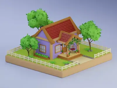 Low Poly House with Garden and Porch Low-poly 3D model