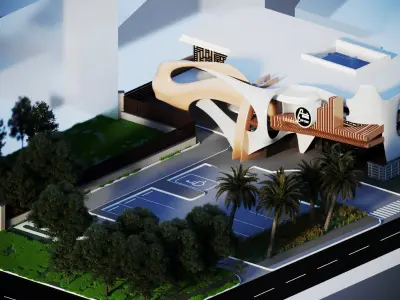 Restaurant futuristic building with palm trees 3D model