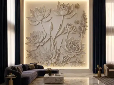 Lotus flowers wall art set relief STL panel carving CNC 261 3D model
