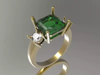 STL 3D Ring Central Emerald and Side Diamonds jr00291 3D print model