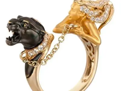 Luxury Panther Woman Ring 3D Diamonds Gold Chain Detail Low-poly 3D model
