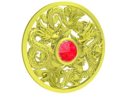 Double Dragon Circle Pendant with Red Cabochon Center 4041 3D print model