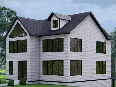 Modern American house exterior design with pitched roof 3D model