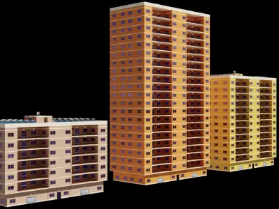 3 Realistic residential city building  Low-poly 3D model