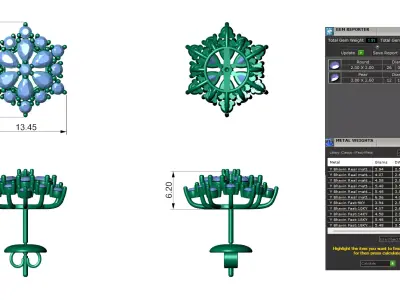 Floral Diamond Stud Earrings with Pear Round Cluster 3D print model