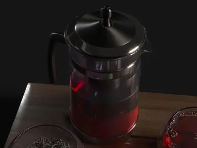 Tea Set pot and glasses on wooden tray 3D model