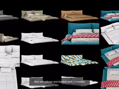  Bed with pillows and blanket 4 models of bed set 8 3D Model Collection