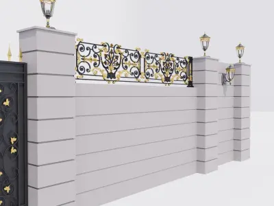 Classic Mansion Style Gate with fence and Wall lamps 3D model