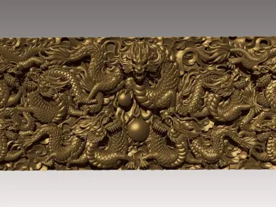 Nine Dragons Wall High Detail Bas Relief 3D print model